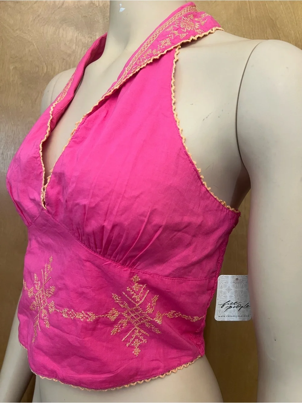Free People Pink Halter Tank Top with Gold Embroidery